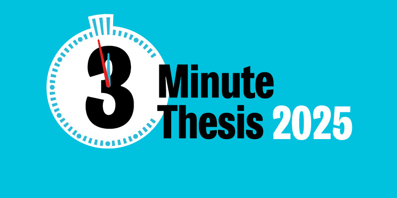 A blue banner featuring a logo of a clock counting down. Overlaid text reads: '3 Minutes Thesis 2025'